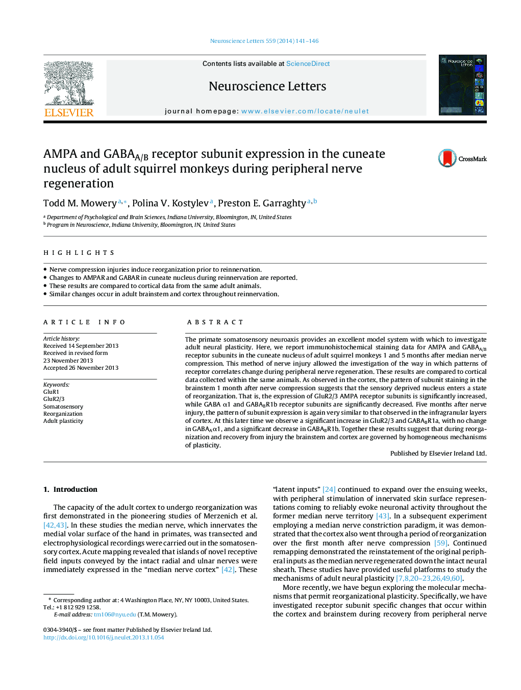 AMPA and GABAA/B receptor subunit expression in the cuneate nucleus of adult squirrel monkeys during peripheral nerve regeneration