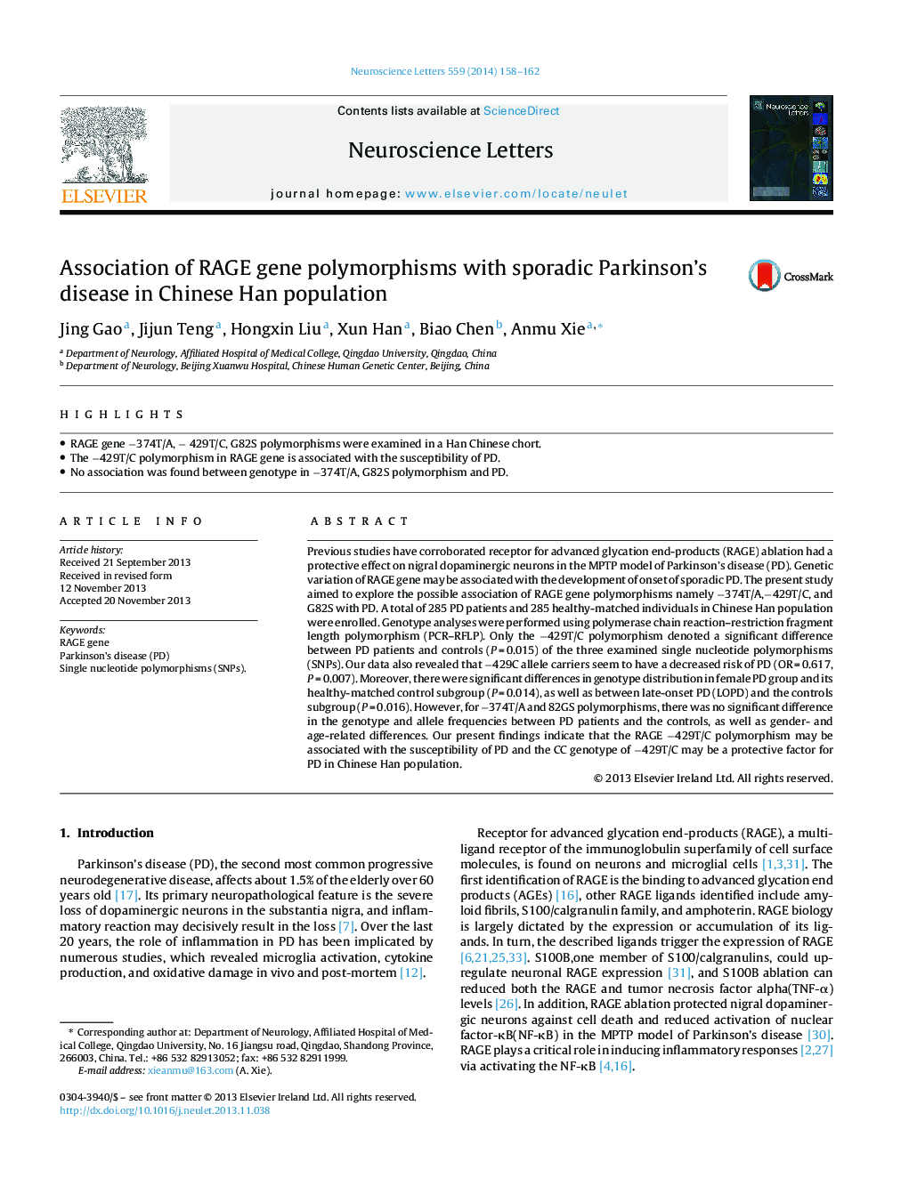 Association of RAGE gene polymorphisms with sporadic Parkinson's disease in Chinese Han population