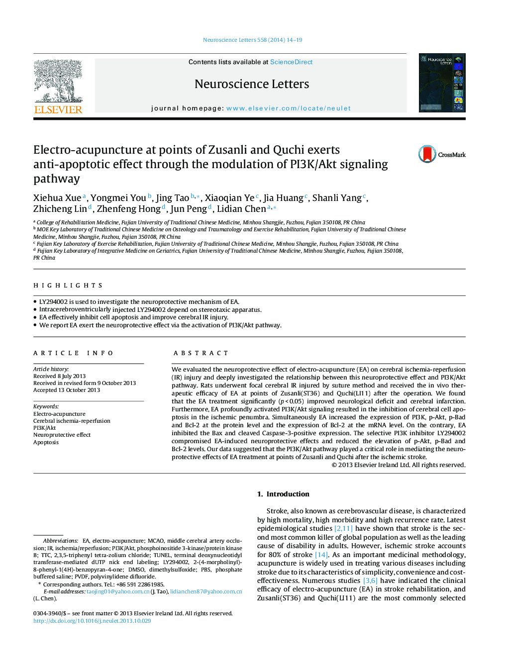 Electro-acupuncture at points of Zusanli and Quchi exerts anti-apoptotic effect through the modulation of PI3K/Akt signaling pathway