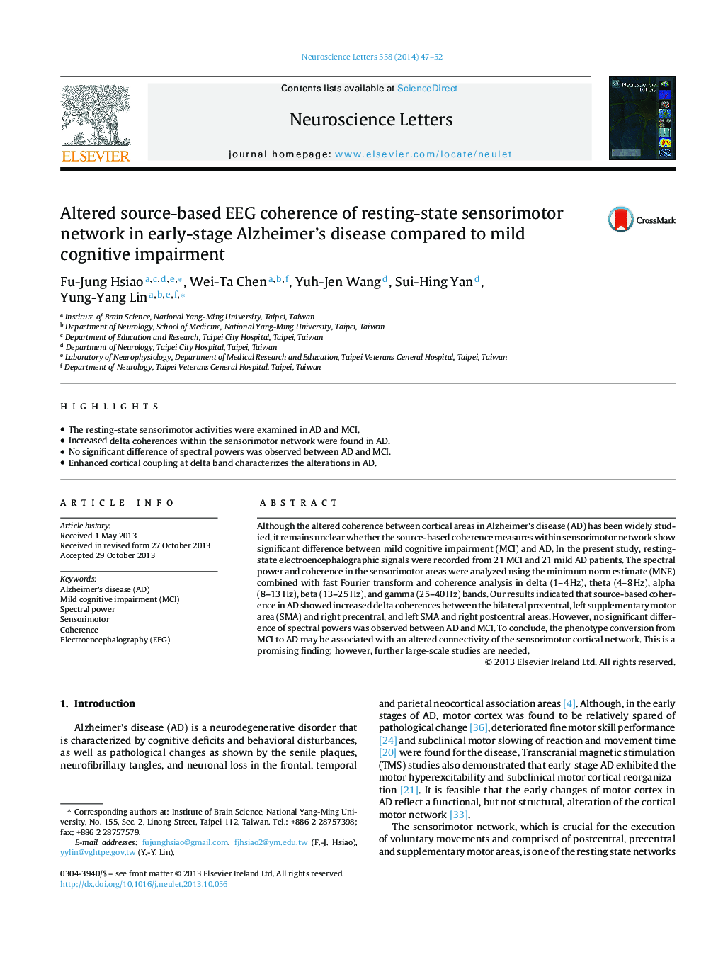 Altered source-based EEG coherence of resting-state sensorimotor network in early-stage Alzheimer's disease compared to mild cognitive impairment