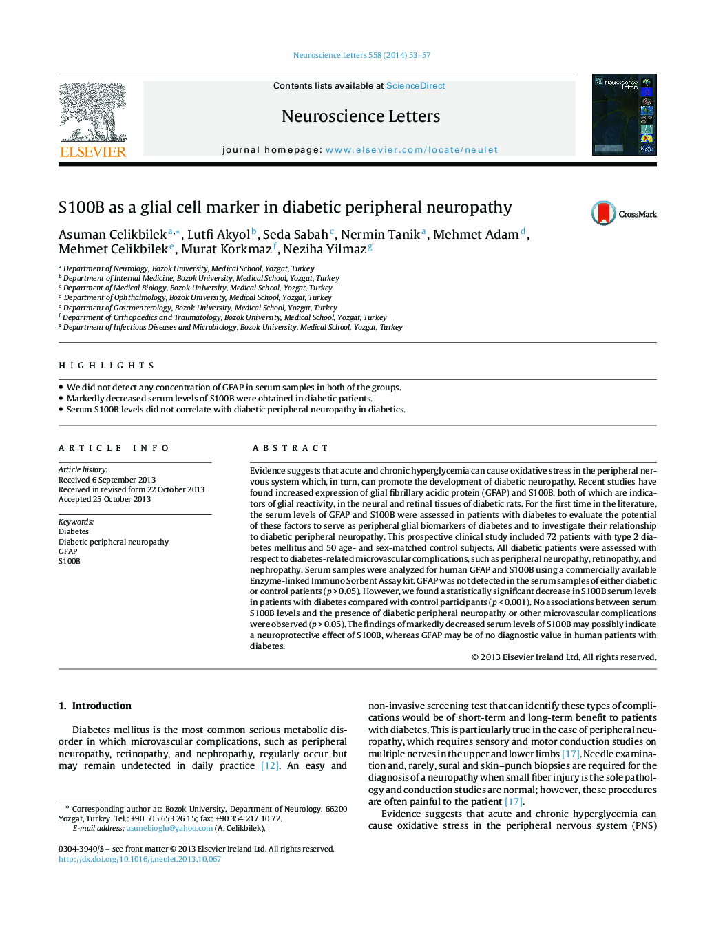 S100B as a glial cell marker in diabetic peripheral neuropathy