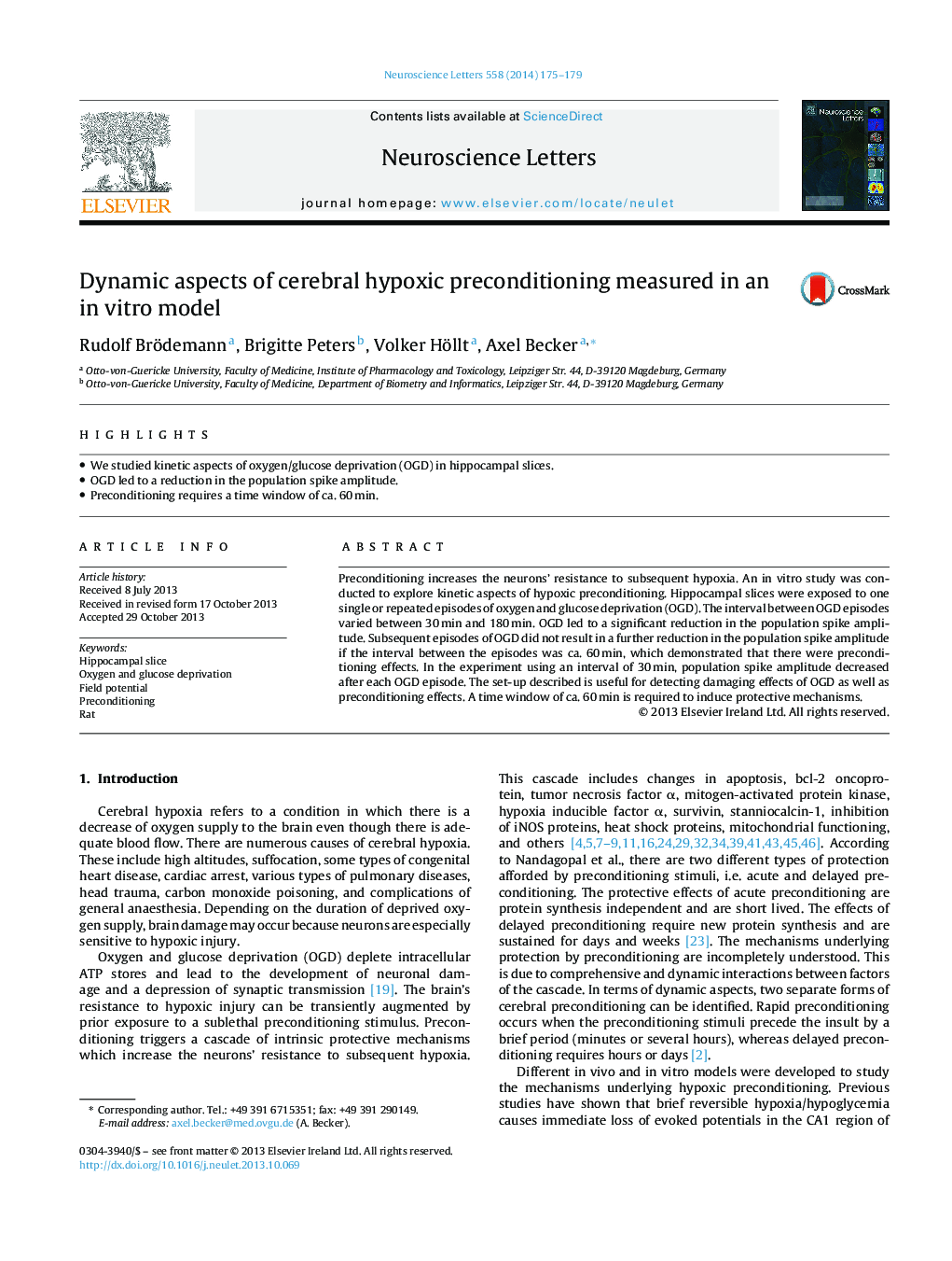 Dynamic aspects of cerebral hypoxic preconditioning measured in an in vitro model