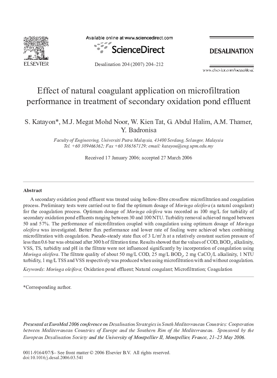 Effect of natural coagulant application on microfiltration performance in treatment of secondary oxidation pond effluent