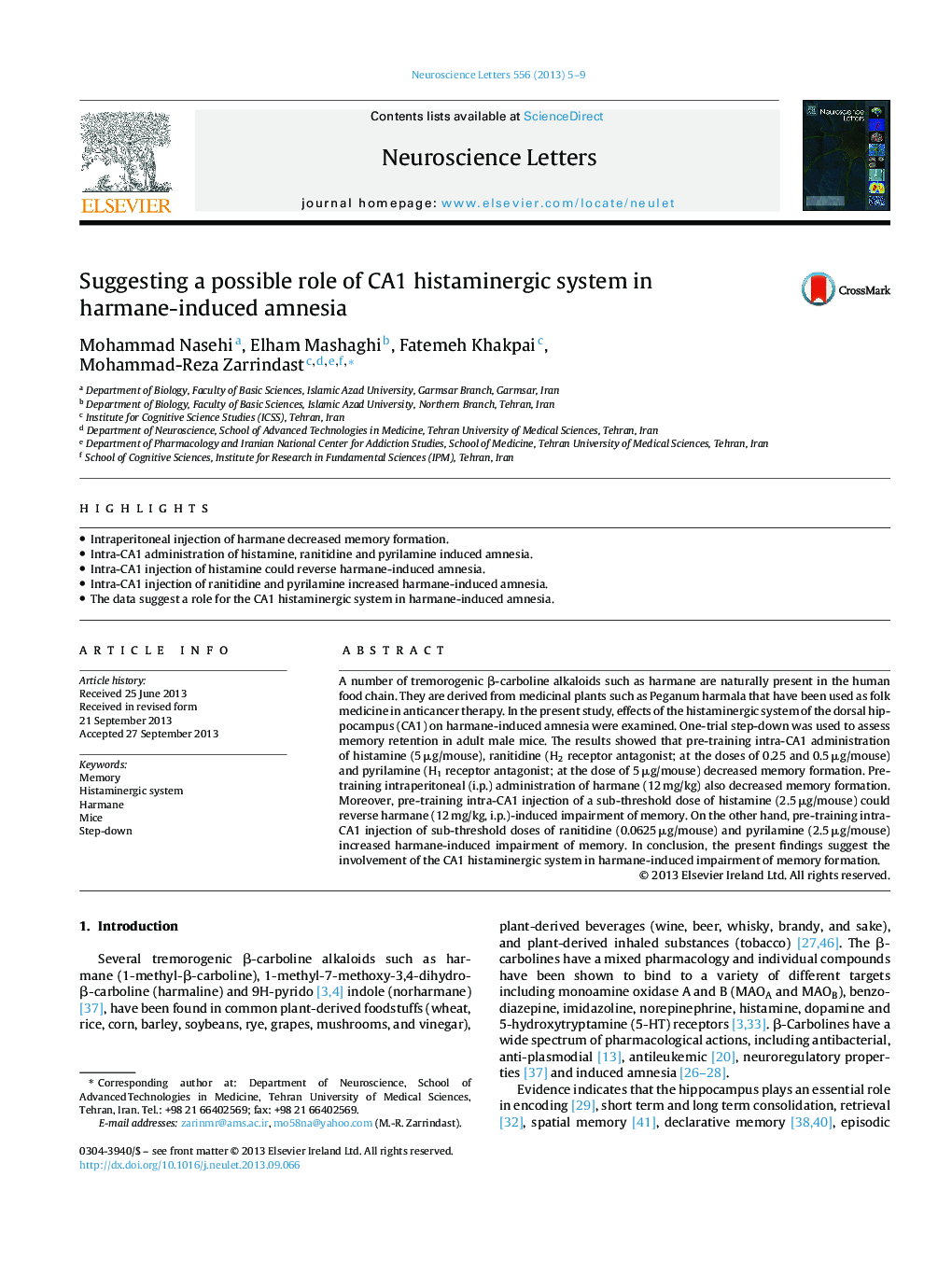 Suggesting a possible role of CA1 histaminergic system in harmane-induced amnesia