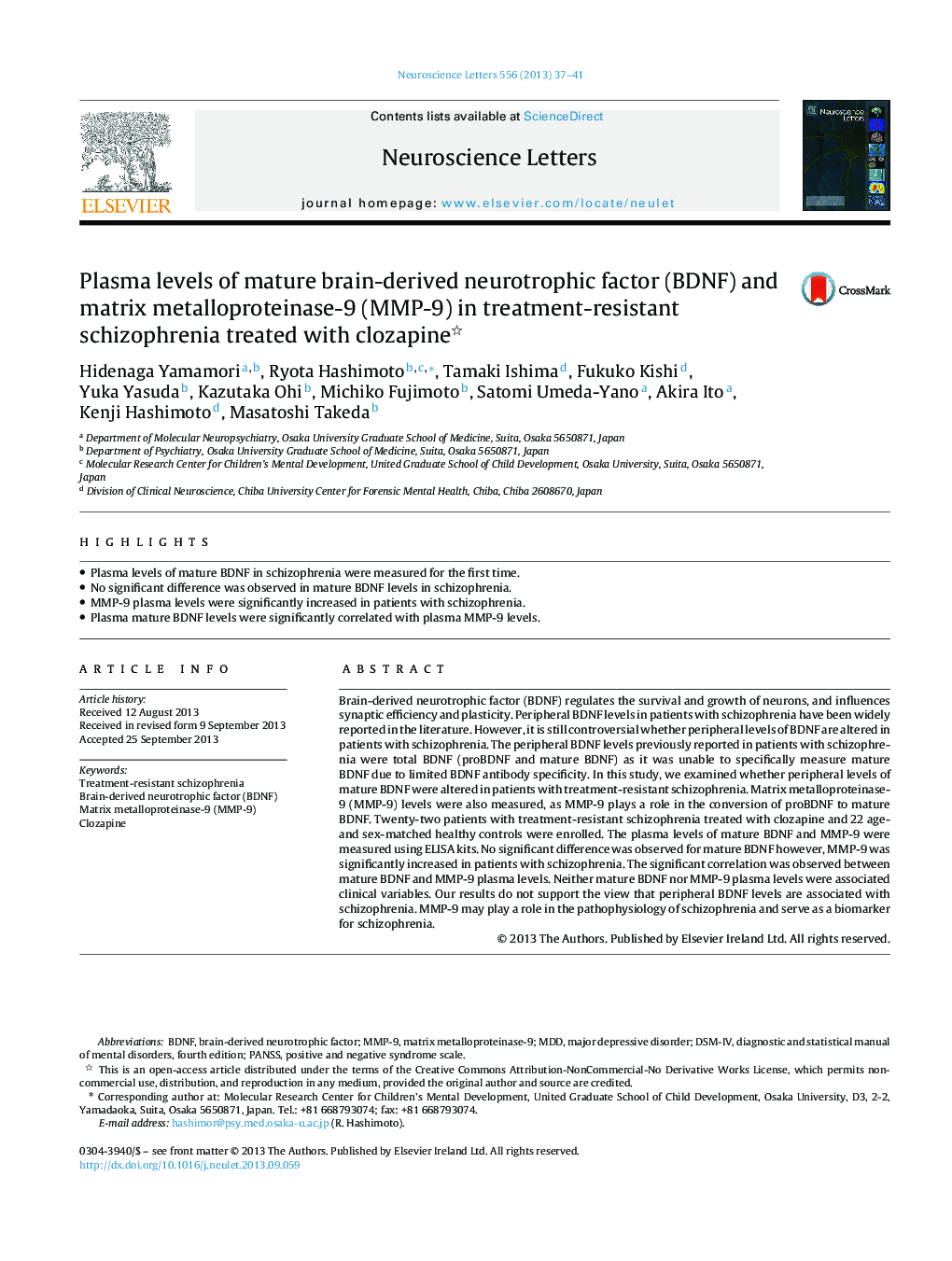 Plasma levels of mature brain-derived neurotrophic factor (BDNF) and matrix metalloproteinase-9 (MMP-9) in treatment-resistant schizophrenia treated with clozapine