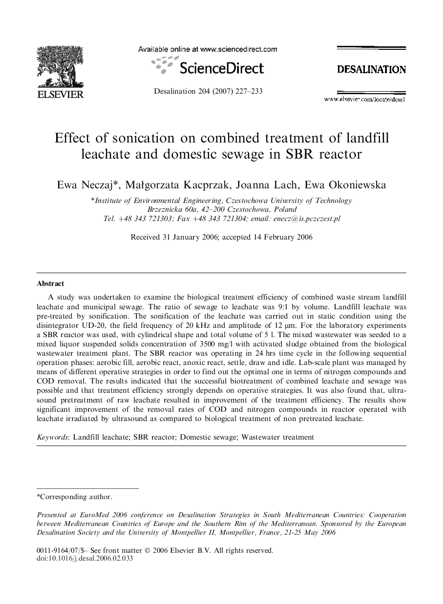 Effect of sonication on combined treatment of landfill leachate and domestic sewage in SBR reactor