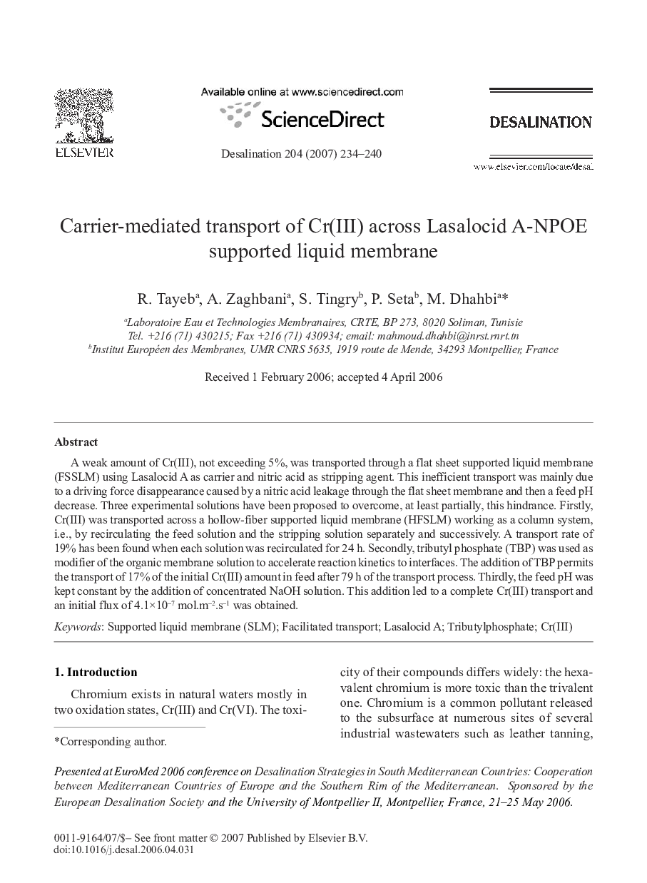 Carrier-mediated transport of Cr(III) across Lasalocid A-NPOE supported liquid membrane