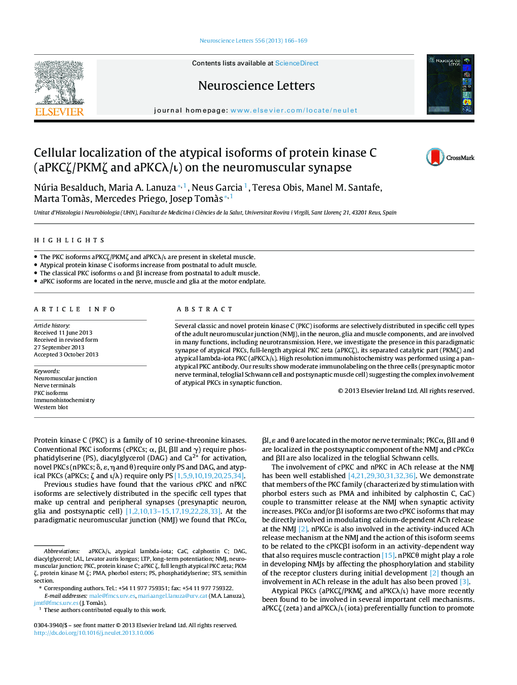 Cellular localization of the atypical isoforms of protein kinase C (aPKCÎ¶/PKMÎ¶ and aPKCÎ»/Î¹) on the neuromuscular synapse