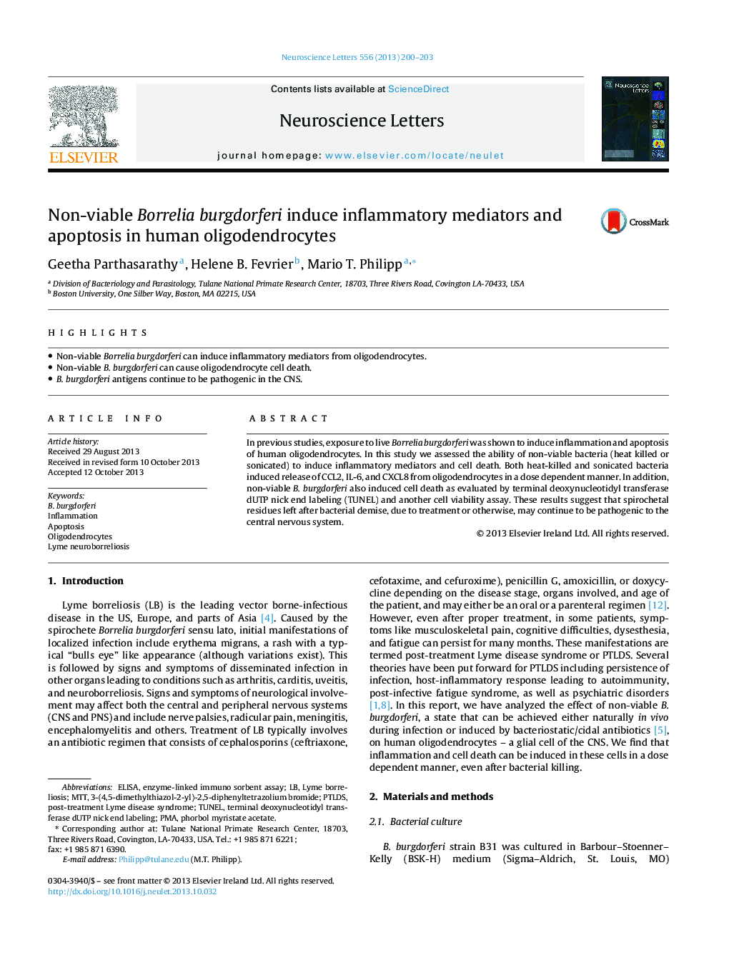 Non-viable Borrelia burgdorferi induce inflammatory mediators and apoptosis in human oligodendrocytes