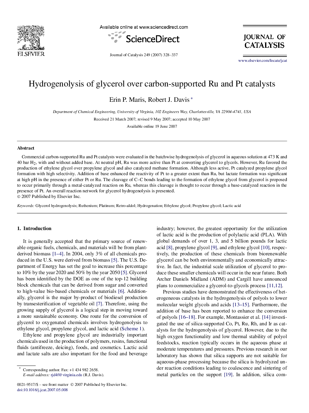 Hydrogenolysis of glycerol over carbon-supported Ru and Pt catalysts