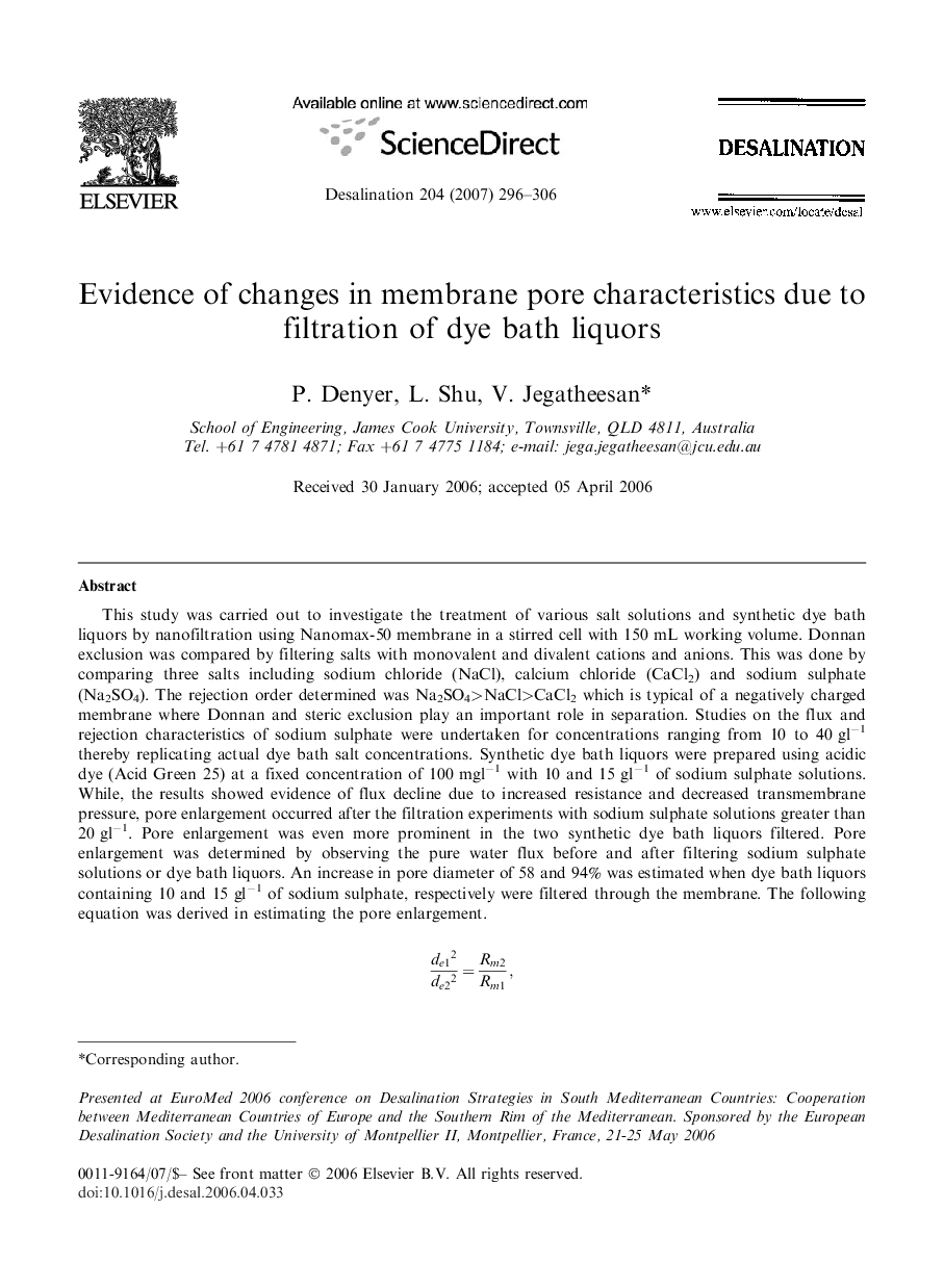 Evidence of changes in membrane pore characteristics due to filtration of dye bath liquors