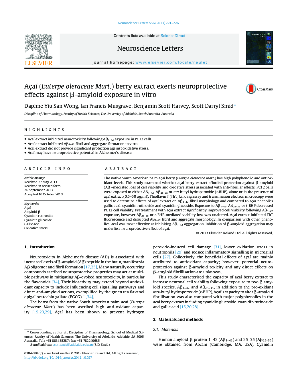 AçaÃ­ (Euterpe oleraceae Mart.) berry extract exerts neuroprotective effects against Î²-amyloid exposure in vitro