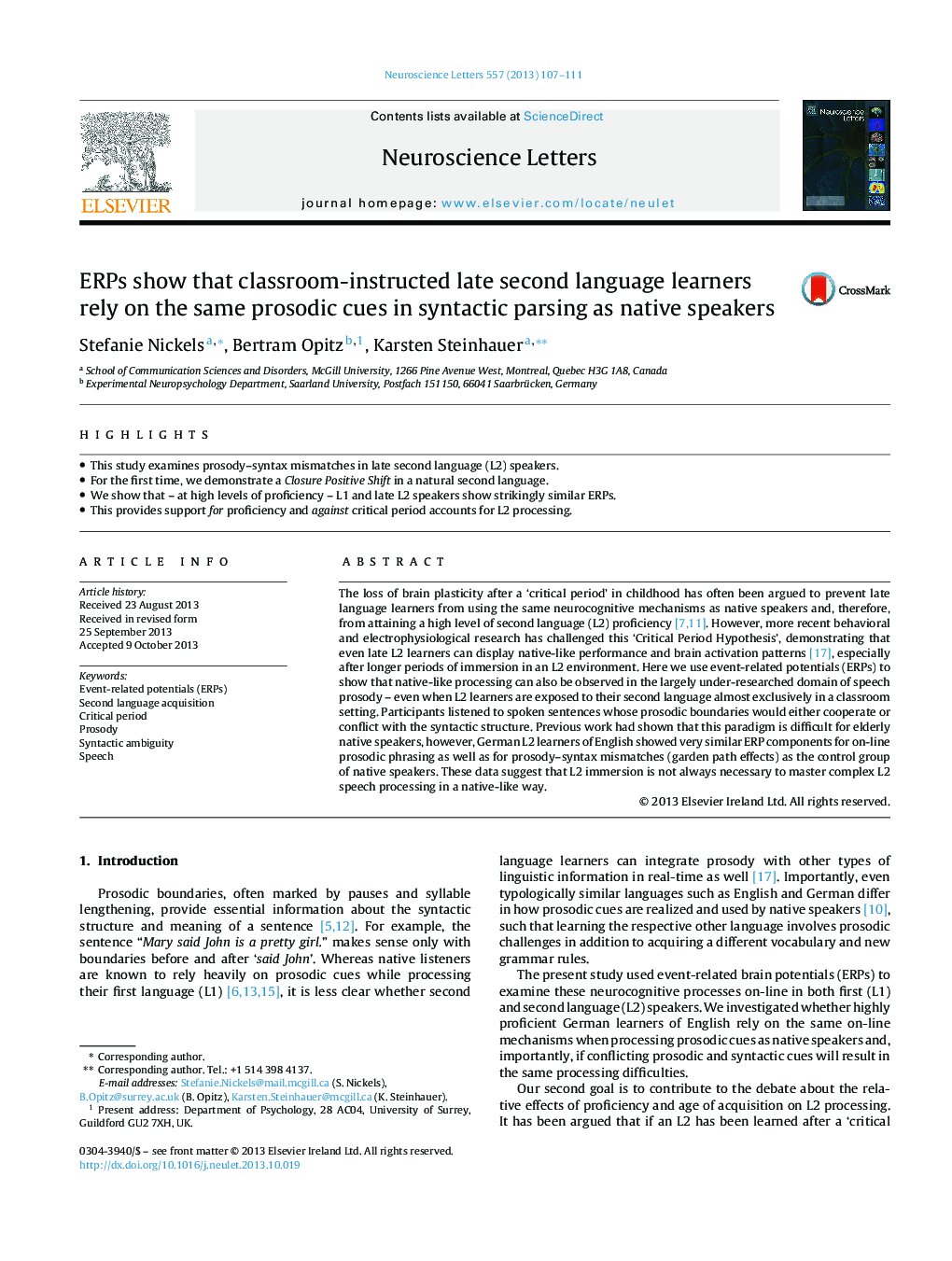 ERPs show that classroom-instructed late second language learners rely on the same prosodic cues in syntactic parsing as native speakers