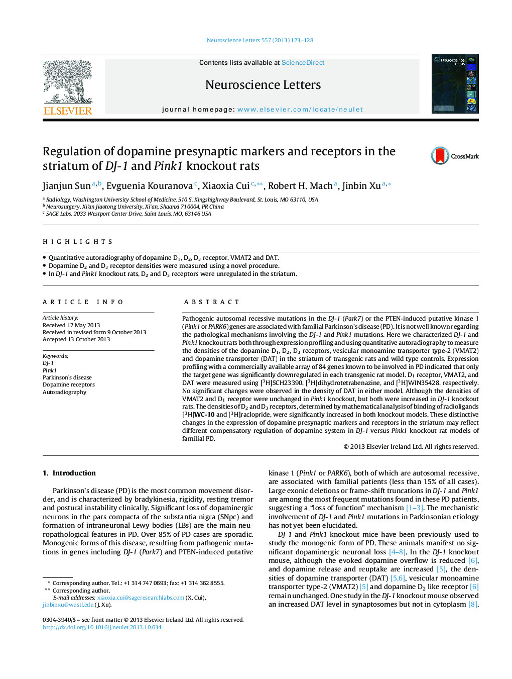 Regulation of dopamine presynaptic markers and receptors in the striatum of DJ-1 and Pink1 knockout rats