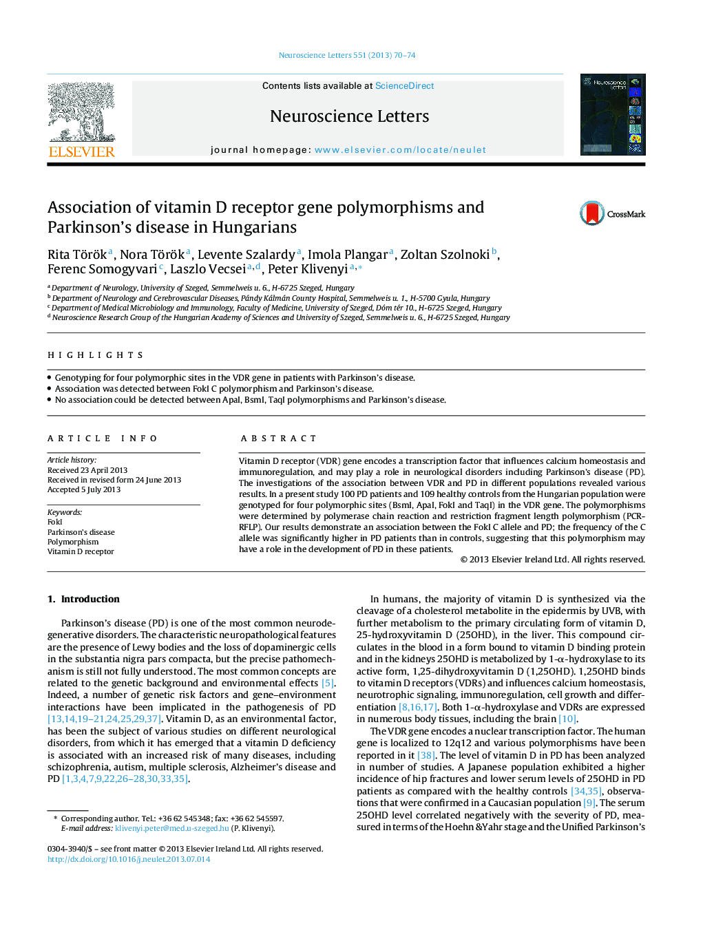 Association of vitamin D receptor gene polymorphisms and Parkinson's disease in Hungarians