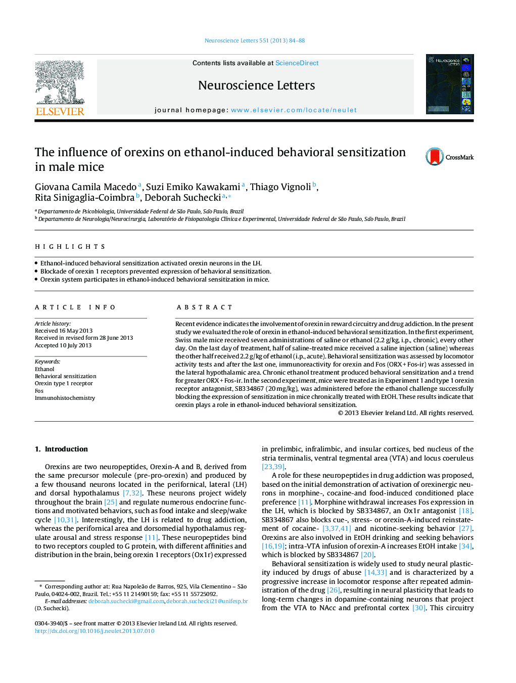 The influence of orexins on ethanol-induced behavioral sensitization in male mice