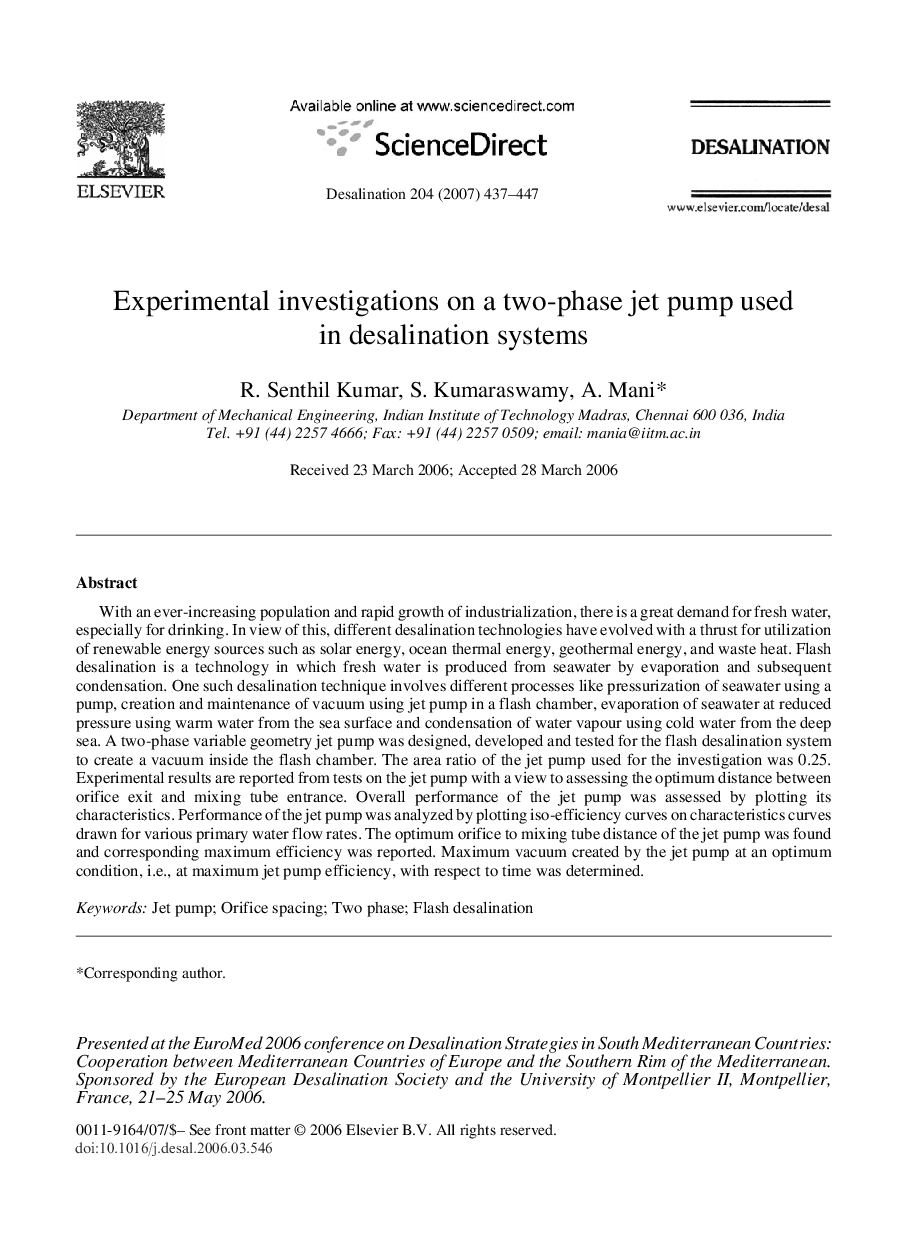 Experimental investigations on a two-phase jet pump used in desalination systems