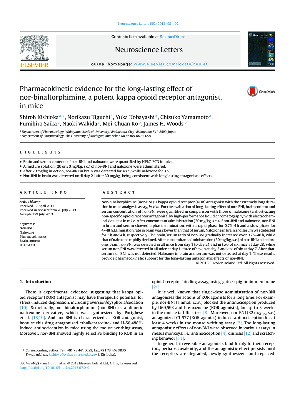 شواهد فارماکوکینتیک برای اثرات طولانی مدت نوربنالورفیمیم، یک آنتاگونیست گیرنده قوی کاپاپایوئیدی در موش 