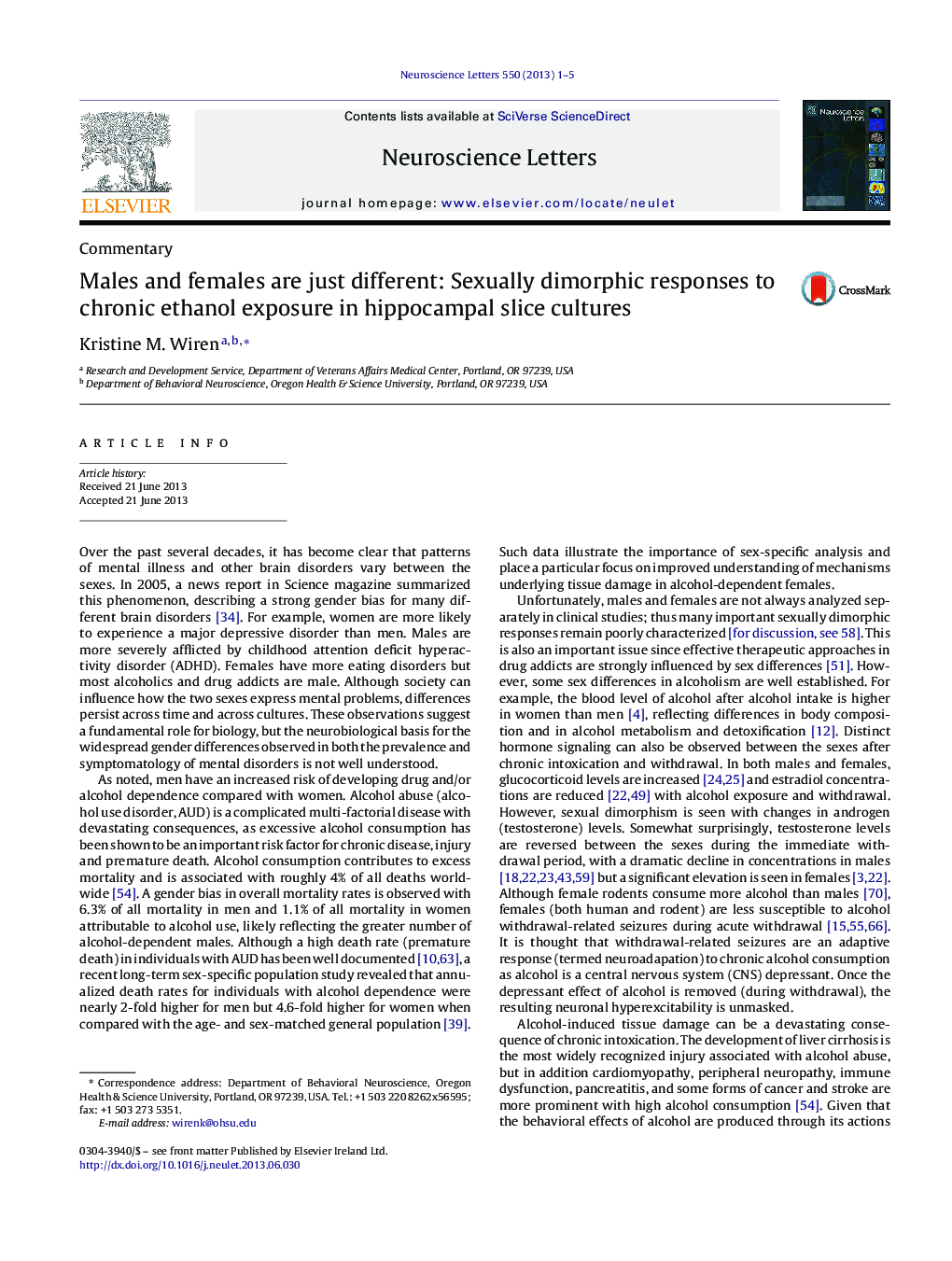 Males and females are just different: Sexually dimorphic responses to chronic ethanol exposure in hippocampal slice cultures