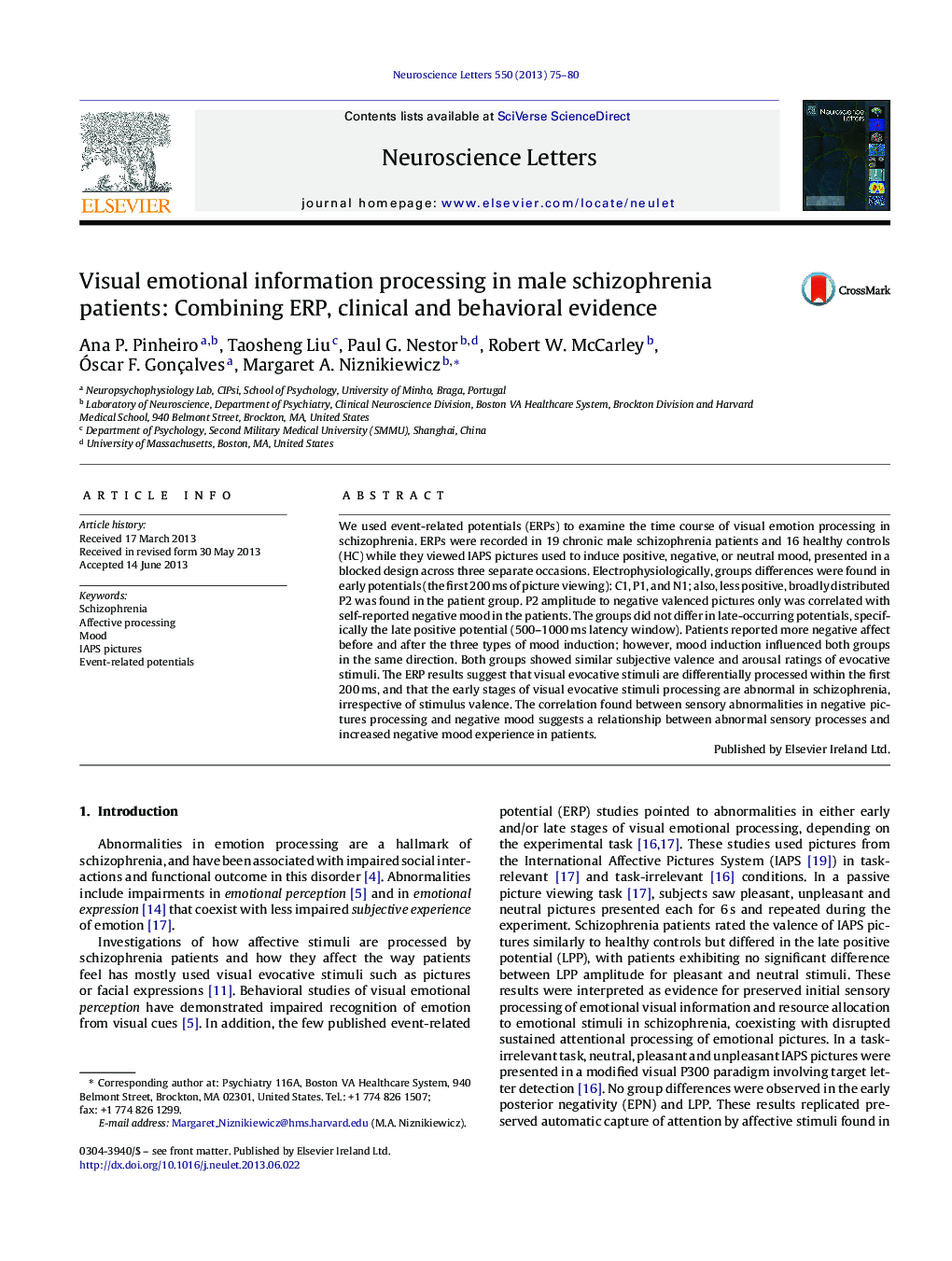 Visual emotional information processing in male schizophrenia patients: Combining ERP, clinical and behavioral evidence