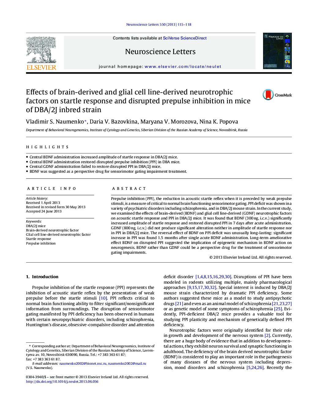 Effects of brain-derived and glial cell line-derived neurotrophic factors on startle response and disrupted prepulse inhibition in mice of DBA/2J inbred strain