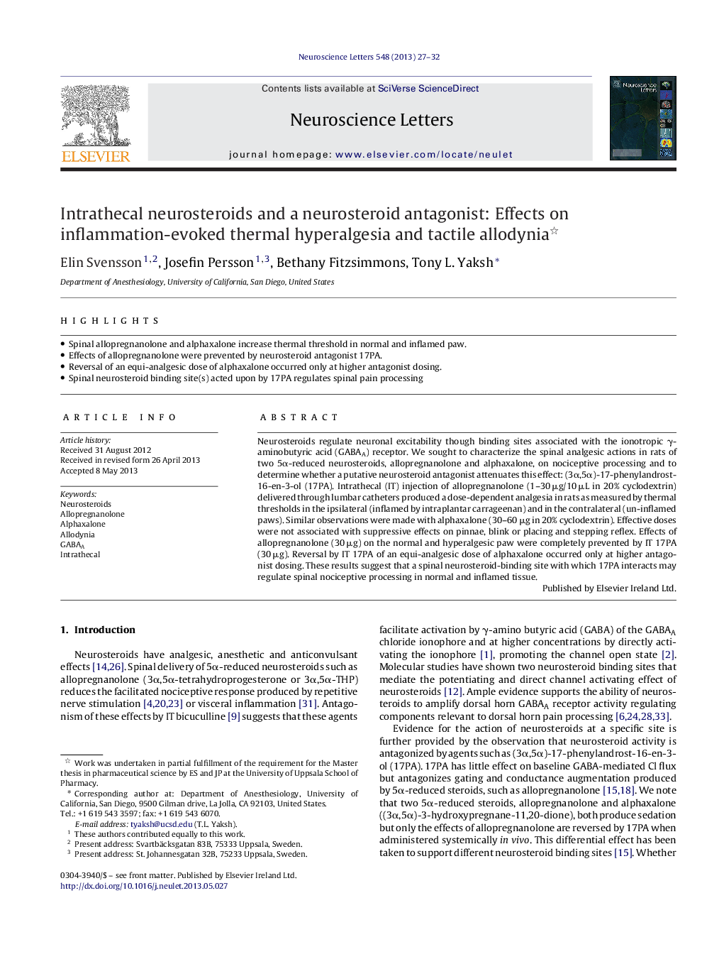 Intrathecal neurosteroids and a neurosteroid antagonist: Effects on inflammation-evoked thermal hyperalgesia and tactile allodynia