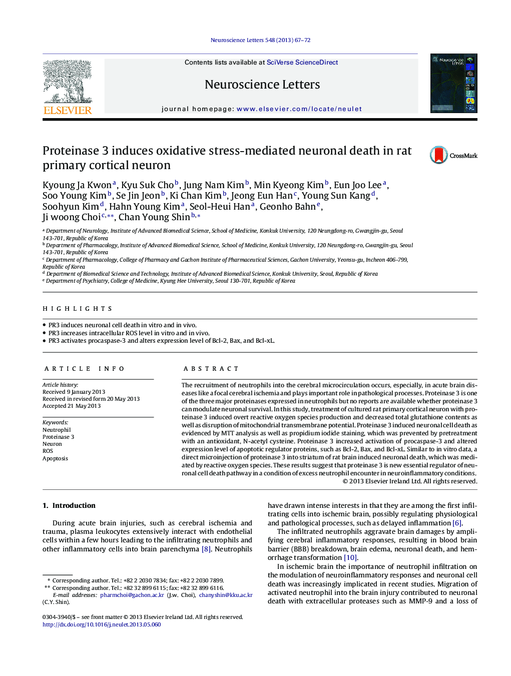 Proteinase 3 induces oxidative stress-mediated neuronal death in rat primary cortical neuron