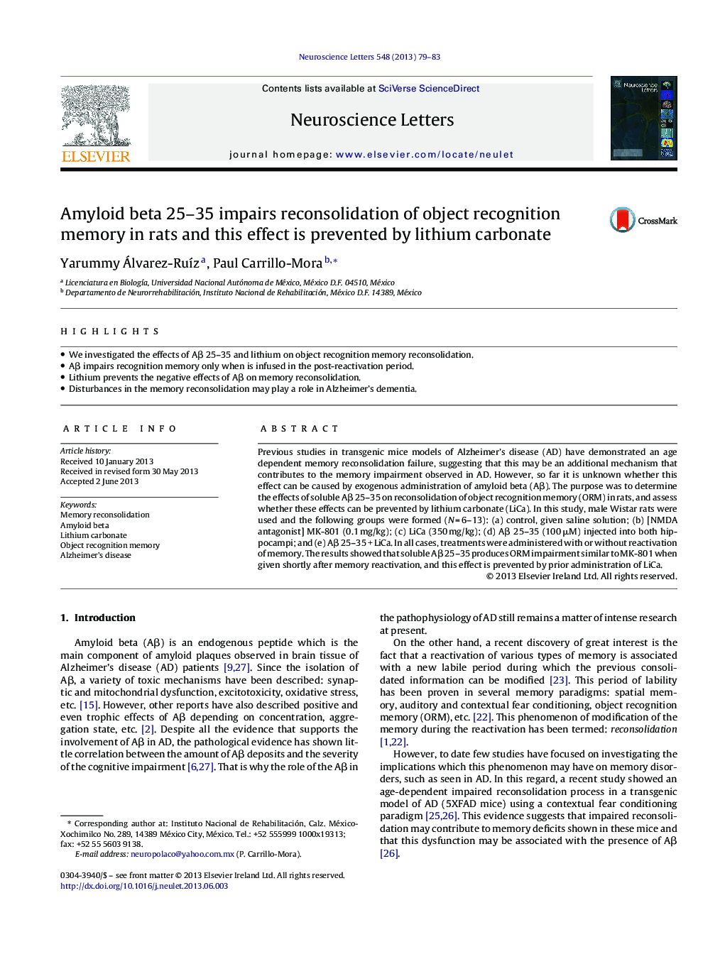 Amyloid beta 25-35 impairs reconsolidation of object recognition memory in rats and this effect is prevented by lithium carbonate