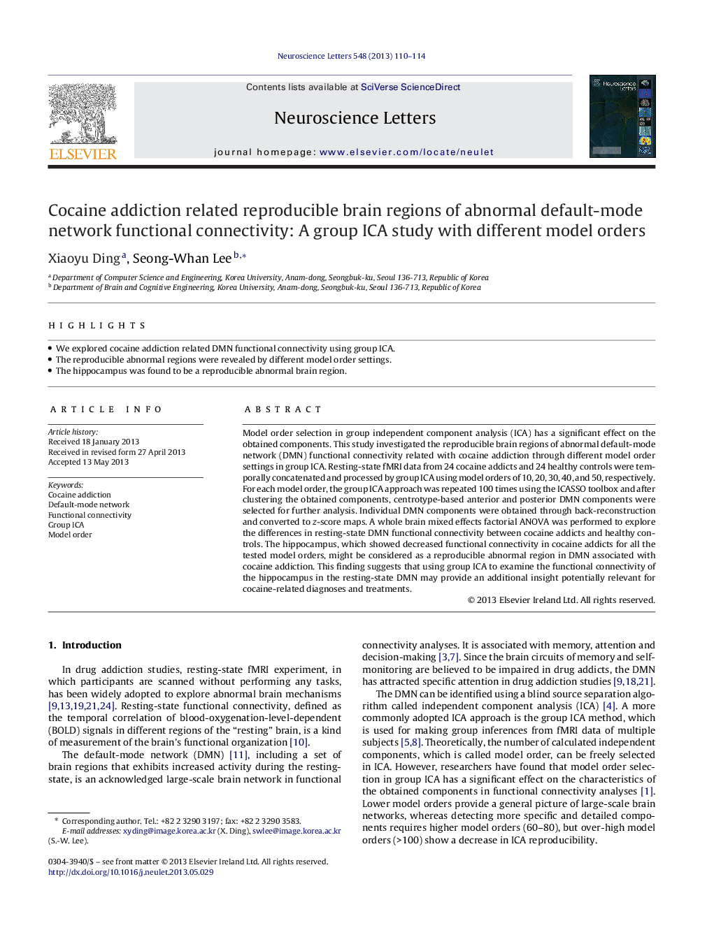 Cocaine addiction related reproducible brain regions of abnormal default-mode network functional connectivity: A group ICA study with different model orders