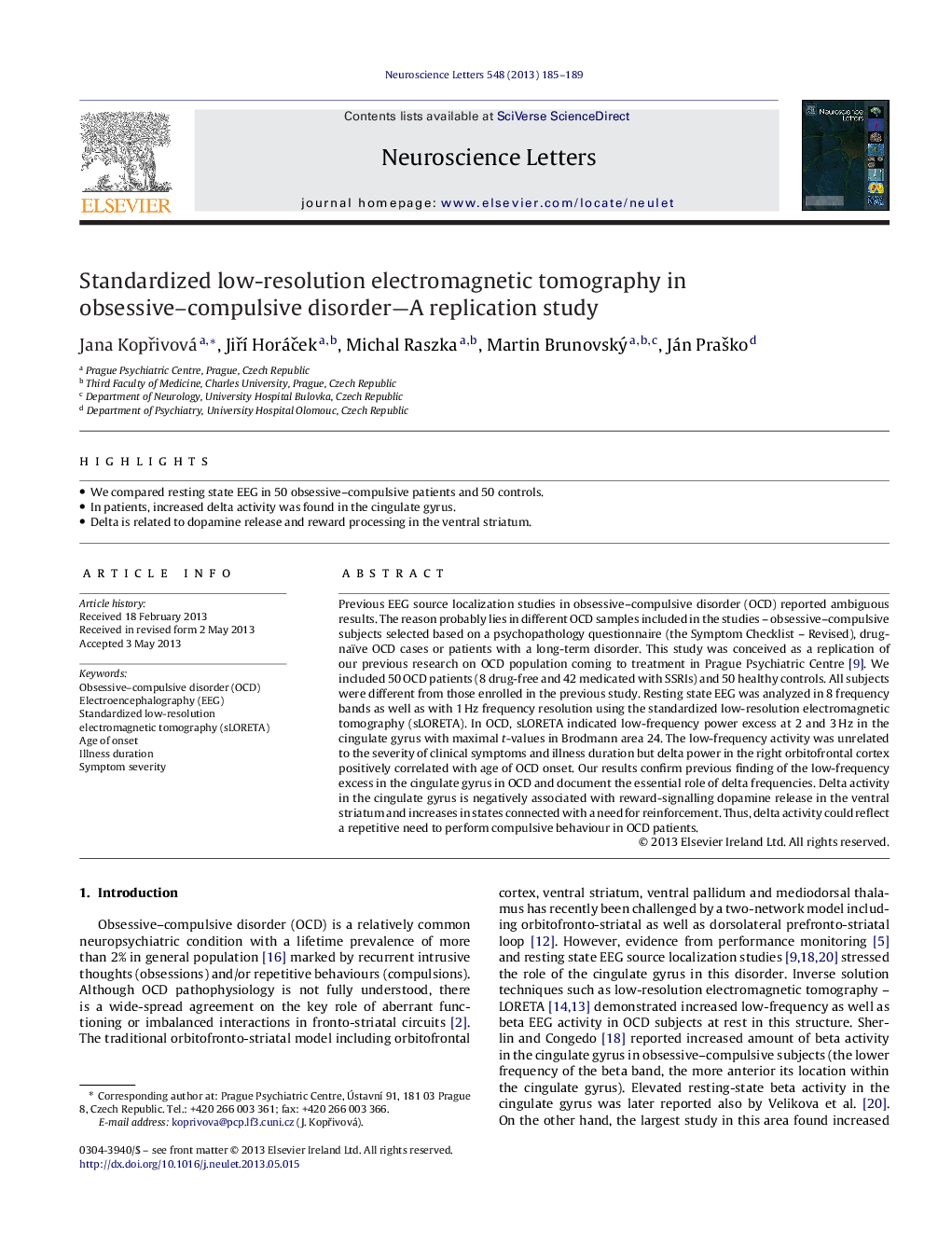 Standardized low-resolution electromagnetic tomography in obsessive-compulsive disorder-A replication study