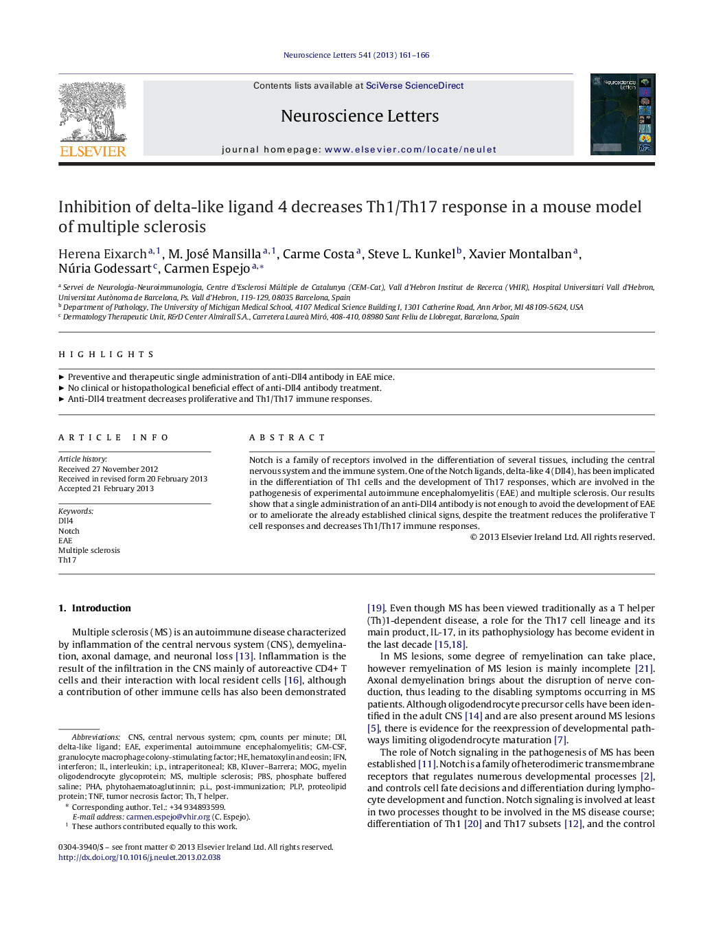 Inhibition of delta-like ligand 4 decreases Th1/Th17 response in a mouse model of multiple sclerosis