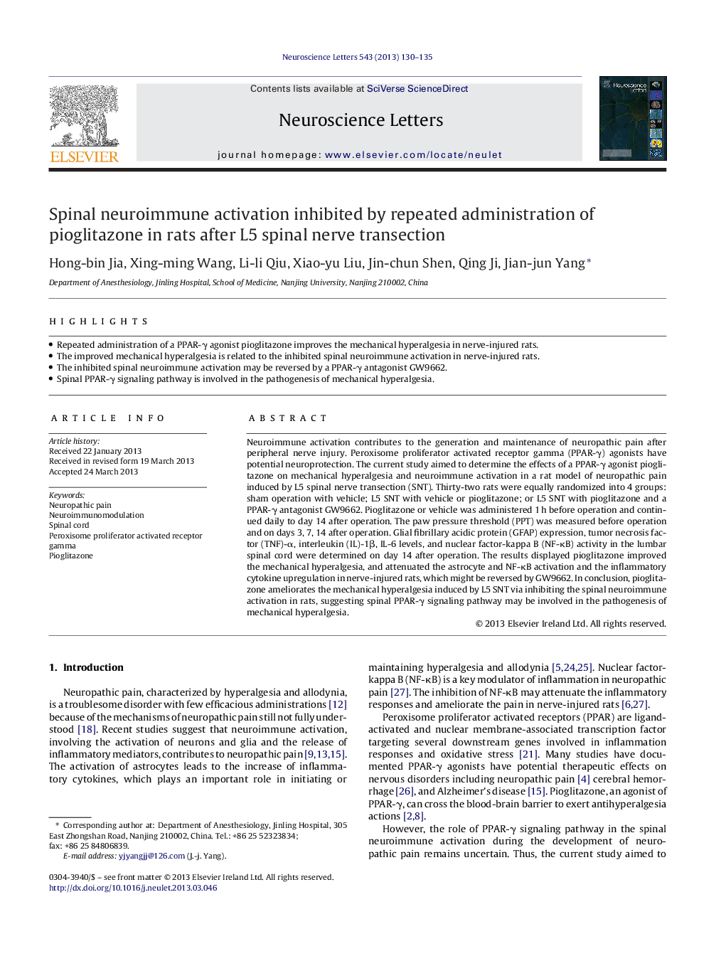 Spinal neuroimmune activation inhibited by repeated administration of pioglitazone in rats after L5 spinal nerve transection