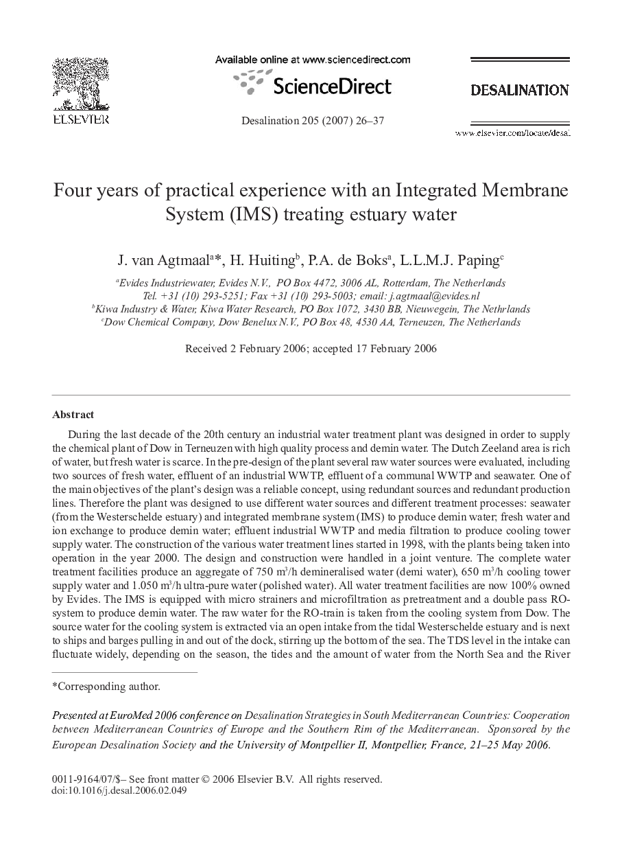 Four years of practical experience with an Integrated Membrane System (IMS) treating estuary water