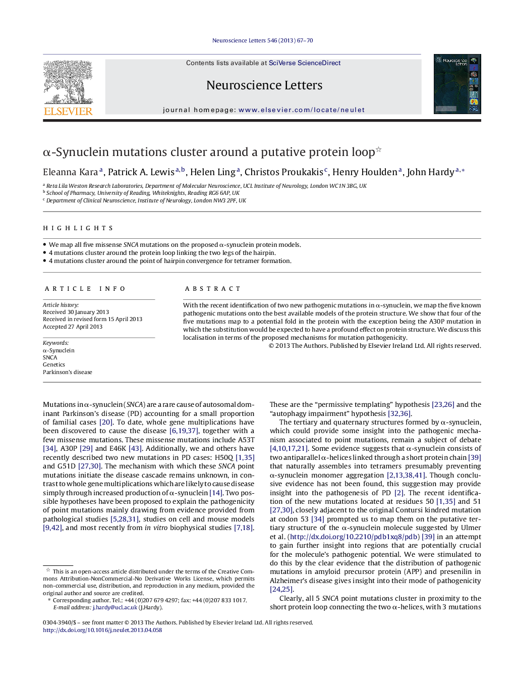 Î±-Synuclein mutations cluster around a putative protein loop