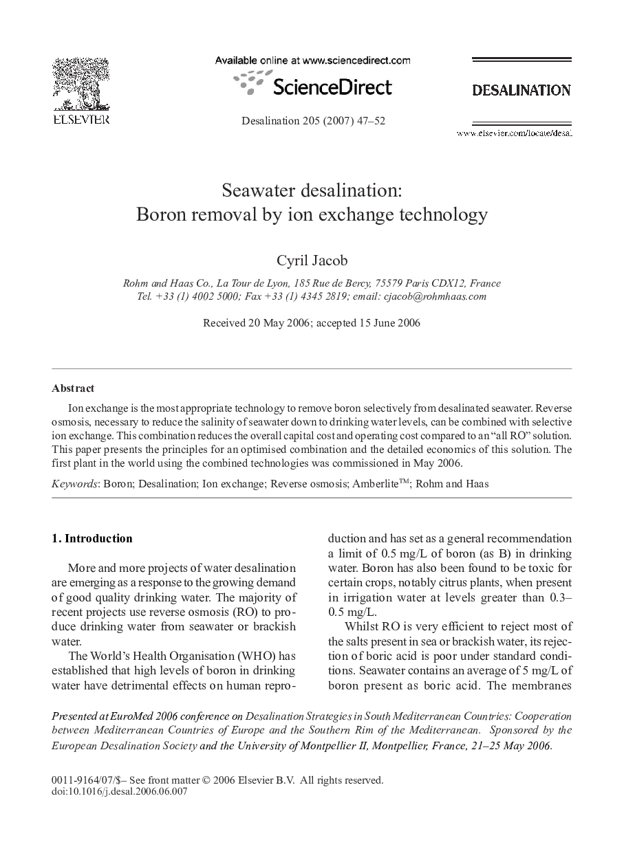 Seawater desalination: Boron removal by ion exchange technology