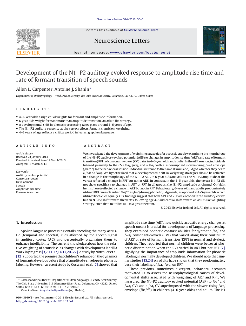 Development of the N1-P2 auditory evoked response to amplitude rise time and rate of formant transition of speech sounds