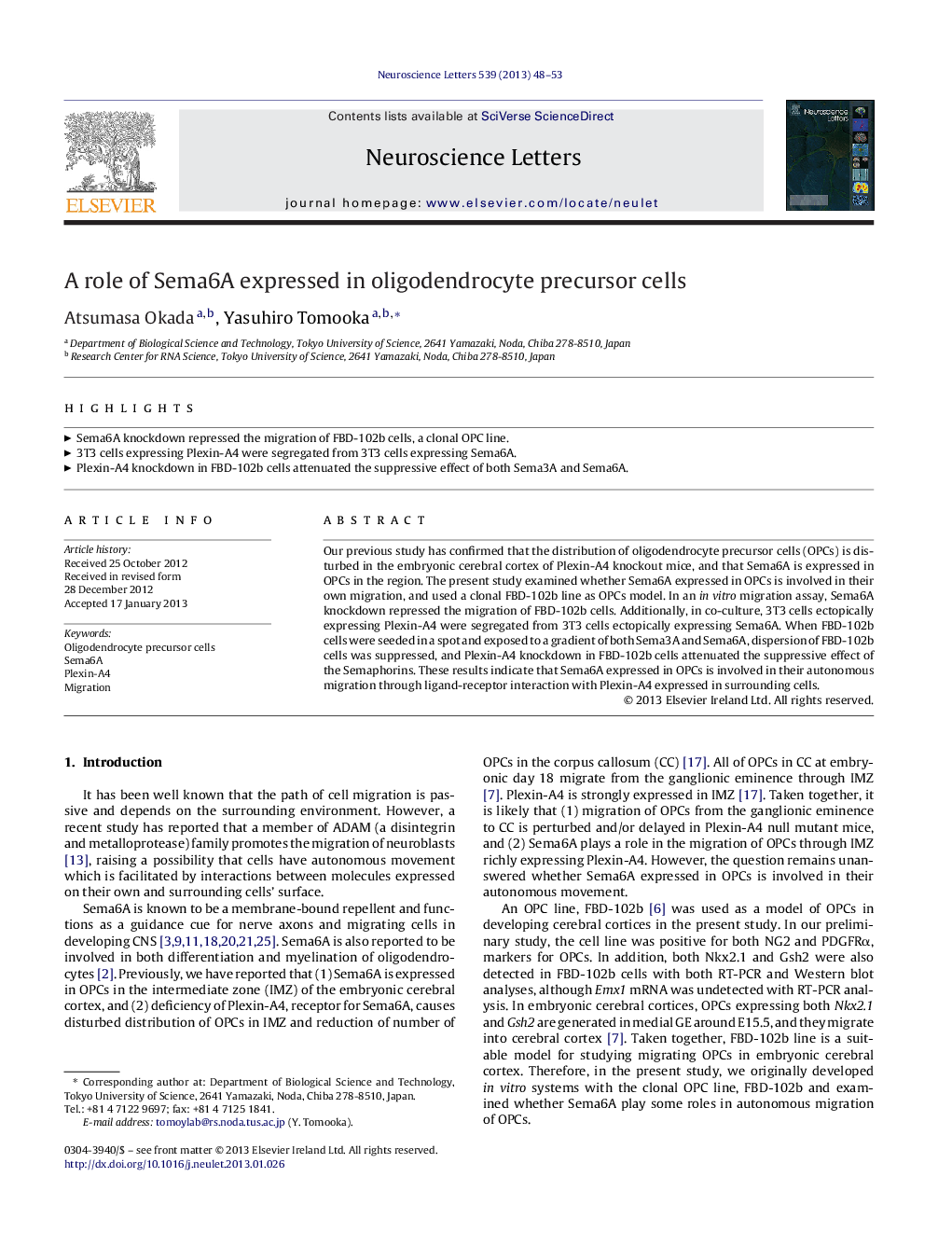 A role of Sema6A expressed in oligodendrocyte precursor cells