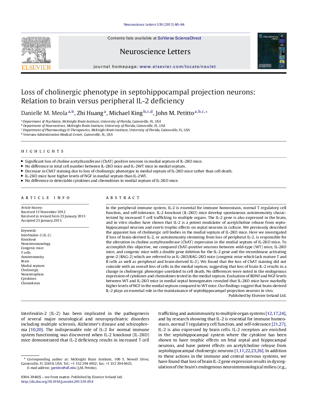عکس صفحه اول مقاله: Loss of cholinergic phenotype in septohippocampal projection neurons: Relation to brain versus peripheral IL-2 deficiency Loss of cholinergic phenotype in septohippocampal projection neurons: Relation to brain versus peripheral IL-2 deficiency