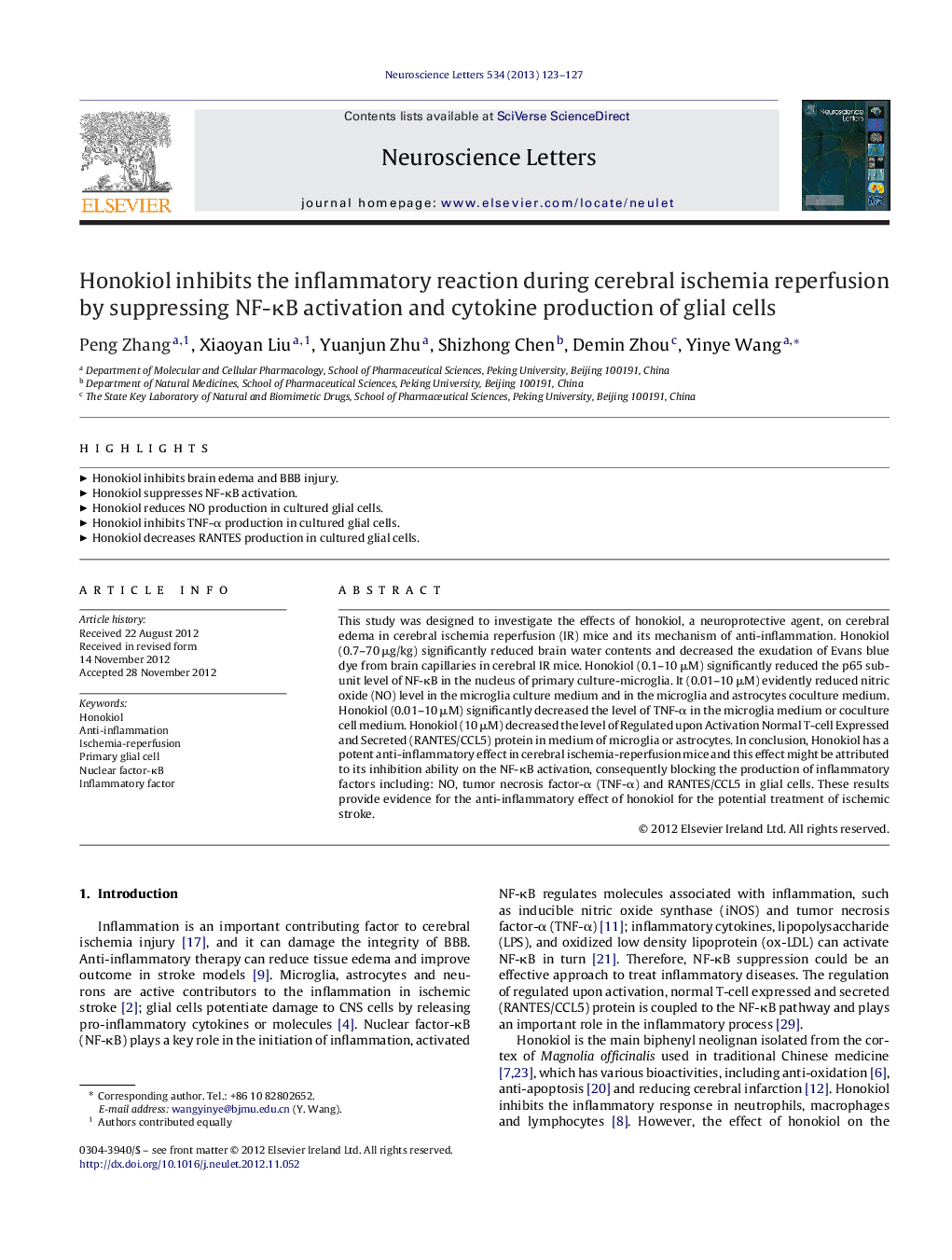 Honokiol inhibits the inflammatory reaction during cerebral ischemia reperfusion by suppressing NF-ÎºB activation and cytokine production of glial cells