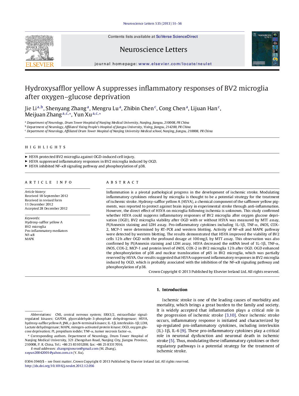 Hydroxysafflor yellow A suppresses inflammatory responses of BV2 microglia after oxygen-glucose deprivation