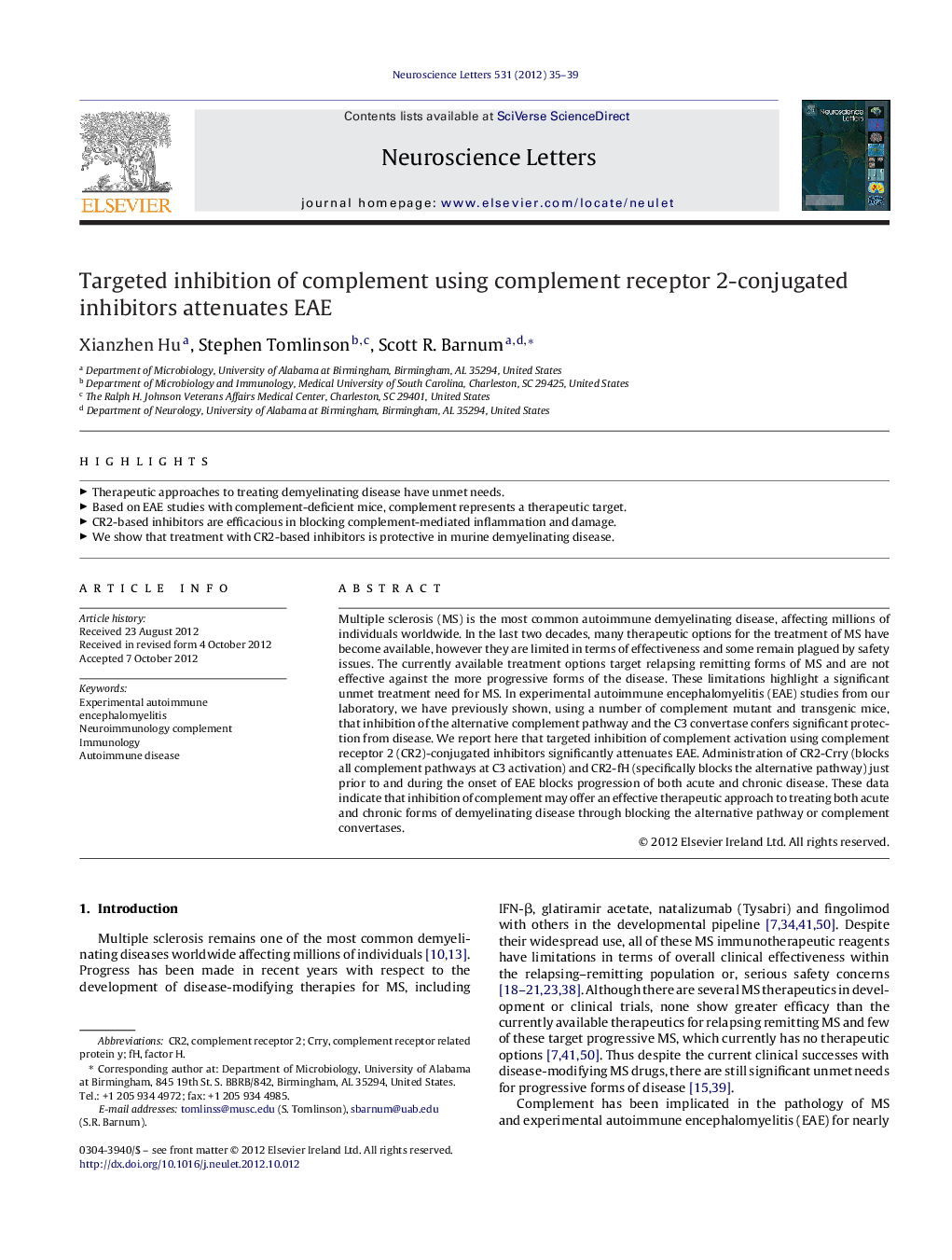 Targeted inhibition of complement using complement receptor 2-conjugated inhibitors attenuates EAE