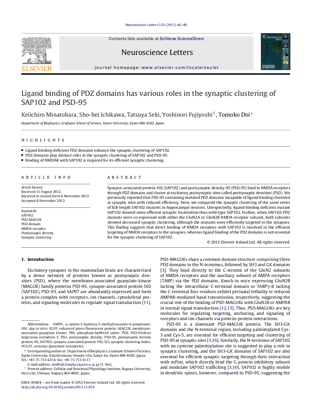 Ligand binding of PDZ domains has various roles in the synaptic clustering of SAP102 and PSD-95