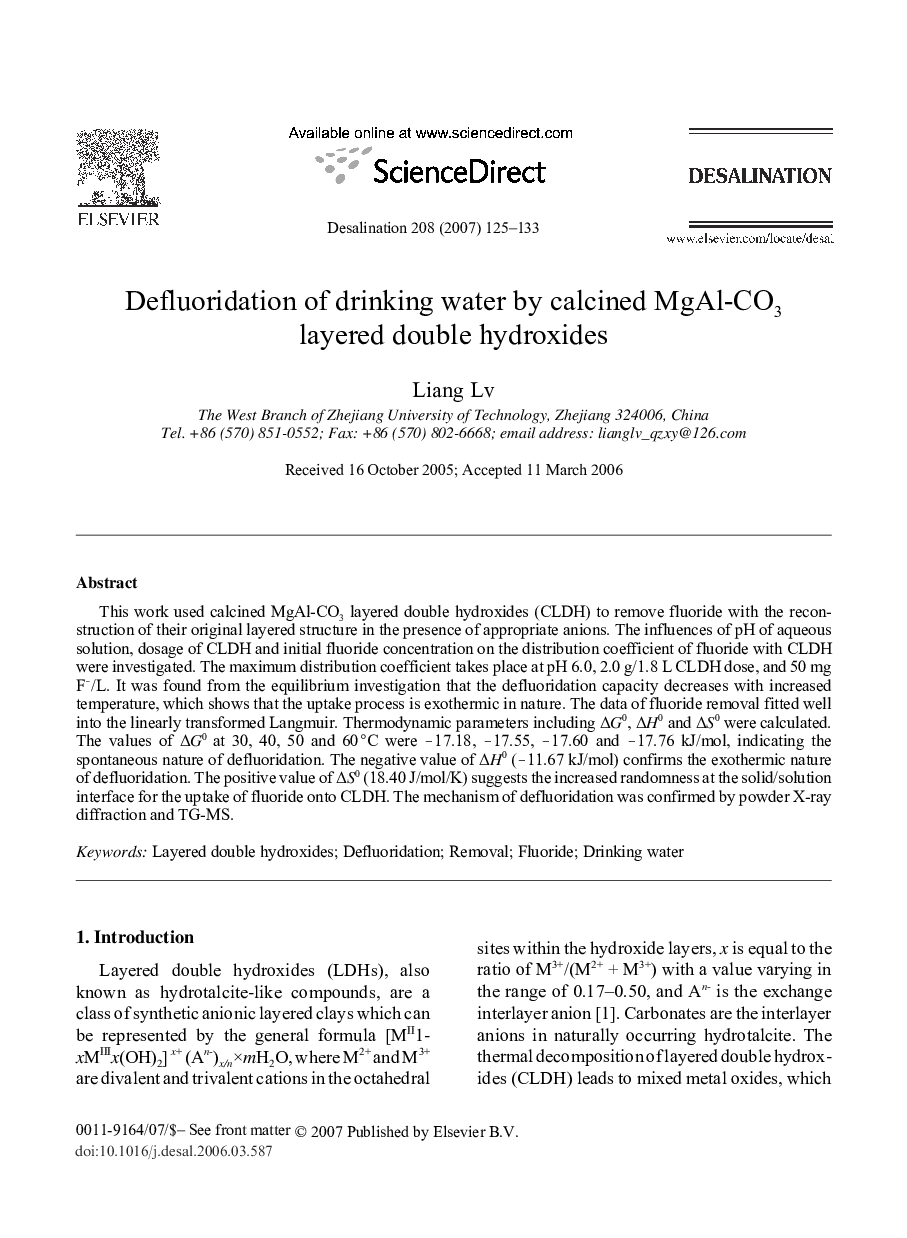 Defluoridation of drinking water by calcined MgAl-CO3 layered double hydroxides