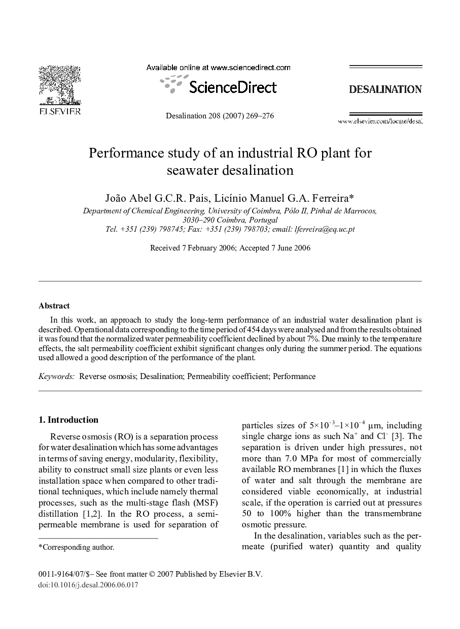 Performance study of an industrial RO plant for seawater desalination