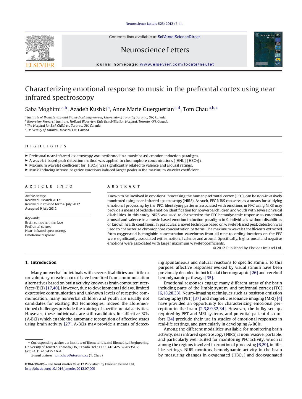 Characterizing emotional response to music in the prefrontal cortex using near infrared spectroscopy