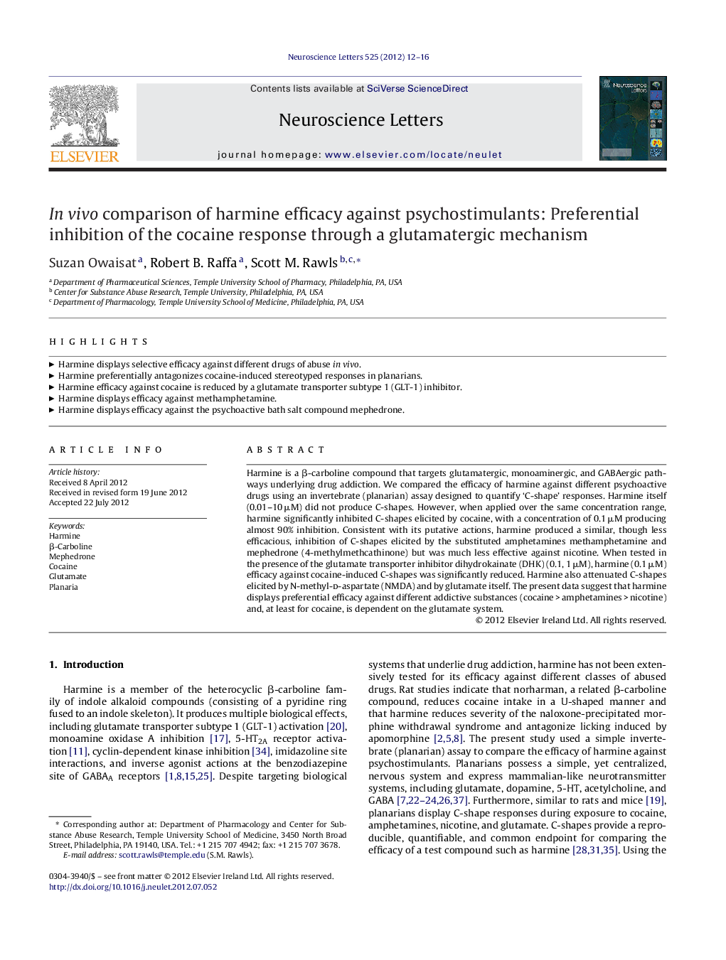 In vivo comparison of harmine efficacy against psychostimulants: Preferential inhibition of the cocaine response through a glutamatergic mechanism