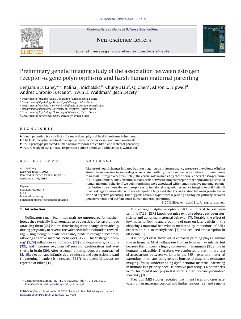 Preliminary genetic imaging study of the association between estrogen receptor-Î± gene polymorphisms and harsh human maternal parenting