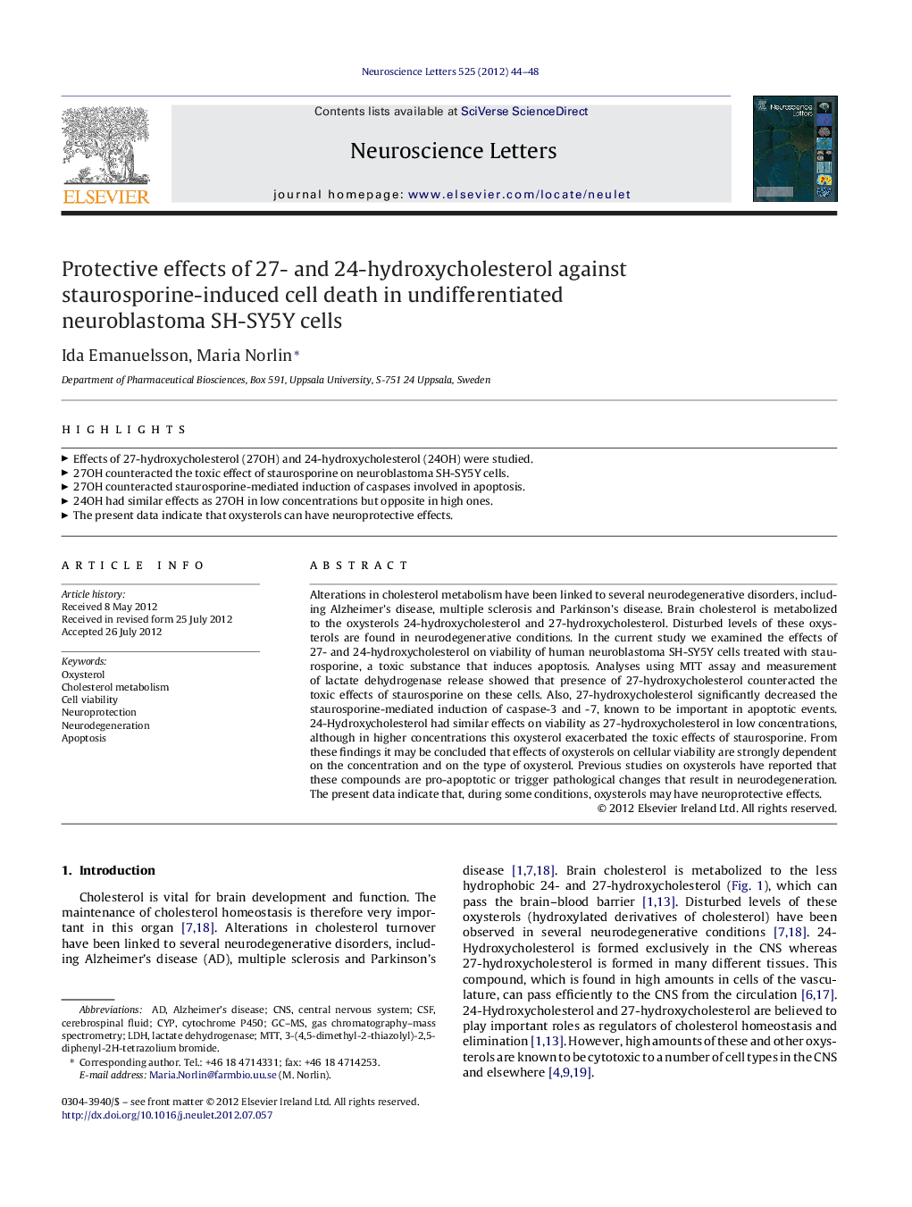 Protective effects of 27- and 24-hydroxycholesterol against staurosporine-induced cell death in undifferentiated neuroblastoma SH-SY5Y cells