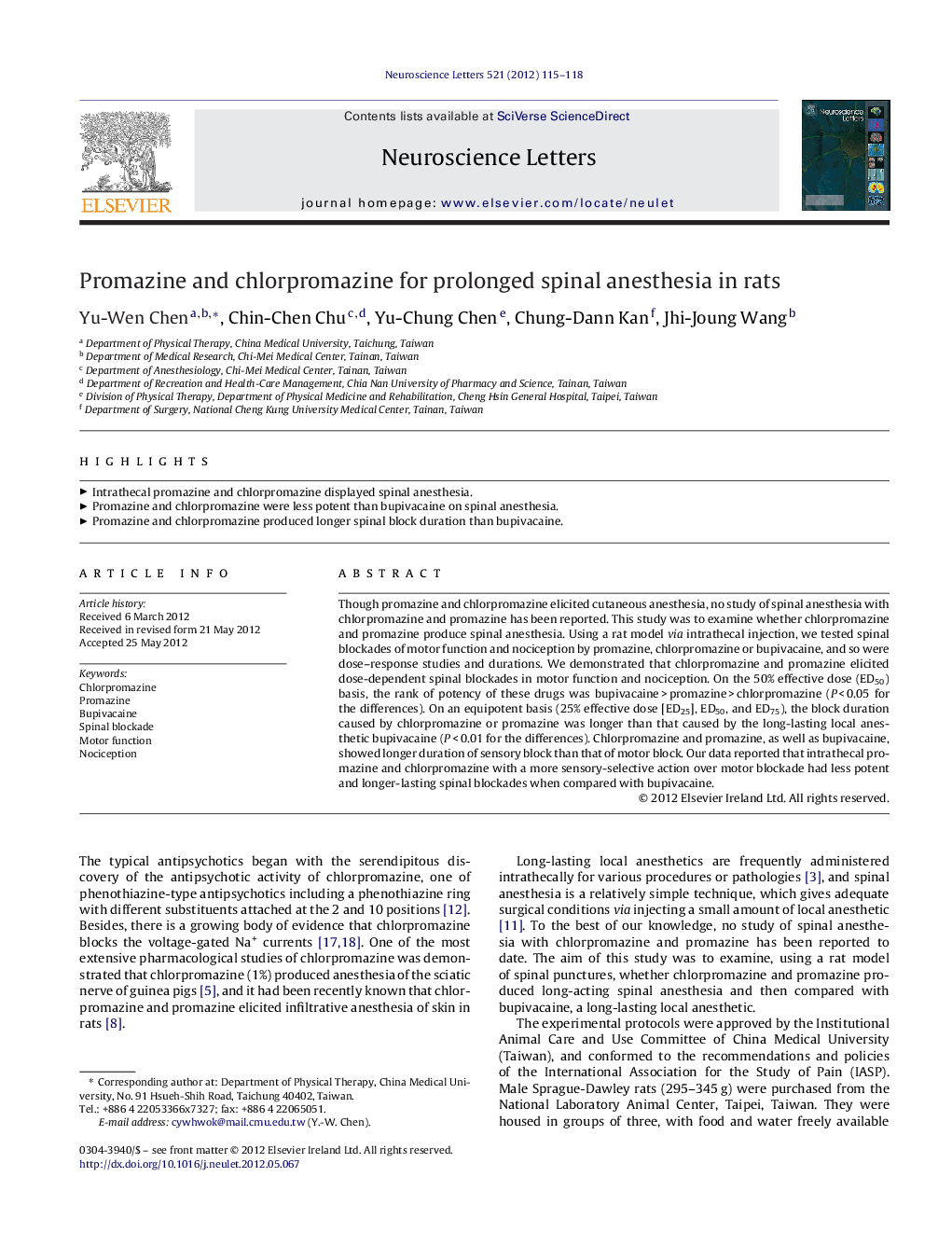 Promazine and chlorpromazine for prolonged spinal anesthesia in rats