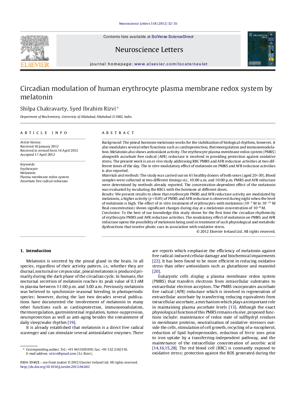 Circadian modulation of human erythrocyte plasma membrane redox system by melatonin